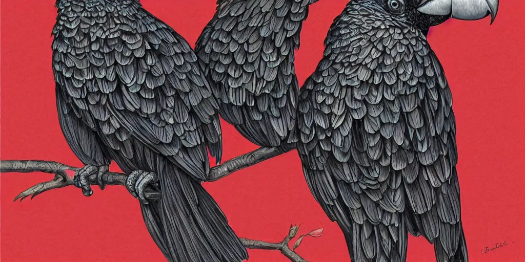 Prompt: Intricate detailed illustration, Red-tailed black cockatoo, artistic, wildlife illustration,