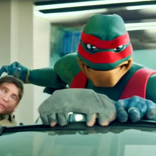 Image similar to film still of michelangelo ( tmnt ) failing his drivers test