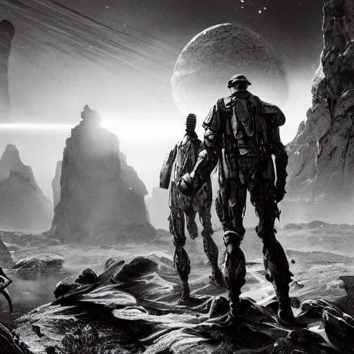 Image similar to soldiers exploring an alien world, 1 9 2 0's sci - fi, black and white, 8 k, highly ornate intricate details, extreme detail,