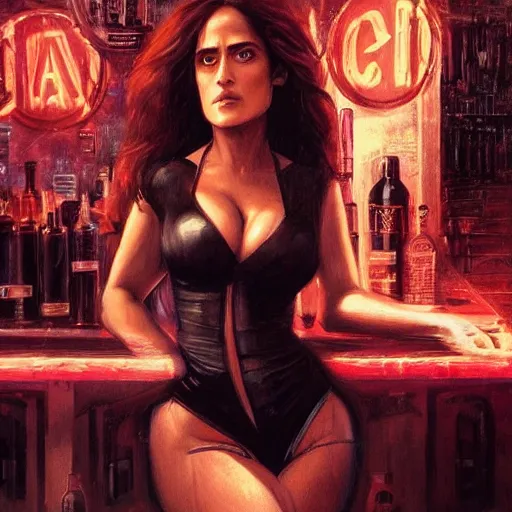 Image similar to salma hayek in a cyberpunk city bar, perfect proportions, beautiful face, perfect eyes, real life colors, elegant, sharp focus, hyper - realistic, 4 k, highly detailed, hd, dramatic lighting by brom