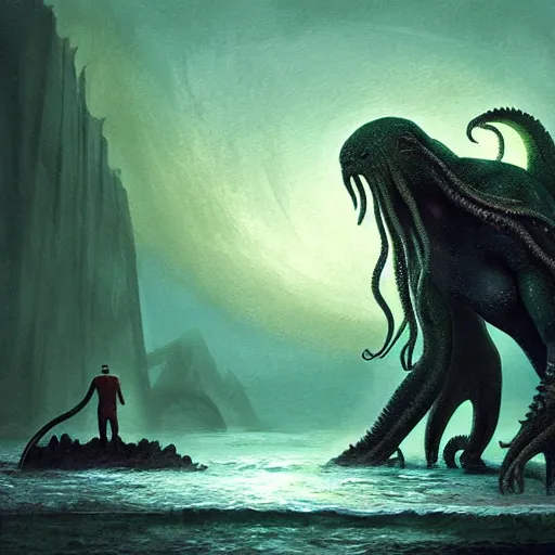 Image similar to Cthulhu emerging from the water while a man stands on the shore watching at night by Marc Simonetti