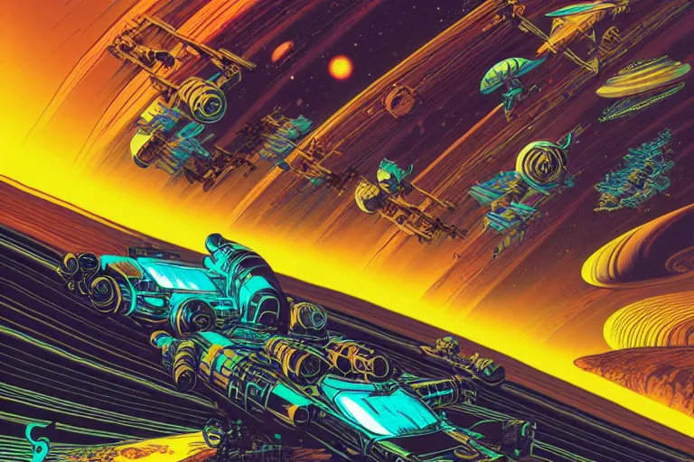 Image similar to artwork by kilian eng and ( dan mumford ) and toshi yoshida and franklin booth showing a speederbike race on the rings of saturn, vintage scifi, high details, dramatic lightning,, 8 k