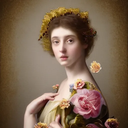 Image similar to 8k, octane render, realism, tonalism, renaissance, rococo, baroque, portrait of a young lady wearing dress with flowers and skulls, background chaotic gold leaf flowers
