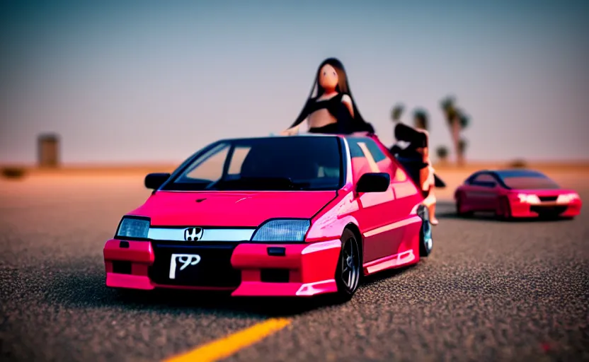 Image similar to photograph of a cell-shaded Honda EK9 Type-R car meet with anime girls, on a desert road with a futuristic city in the horizon, one point perspective, 1-point perspective, tilt shift, sigma 85mm f/1.4, 4k, depth of field, high resolution, 4k, 8k, hd, full color