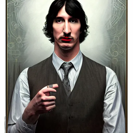 Image similar to photo booth, john oliver with adam driver, john oliver, adam driver, john oliver, stylized, centered, dark, smokey, fantasy, intricate, highly detailed, digital painting, deviant art, art by artgerm, art by greg rutkowski, art by alphonse mucha