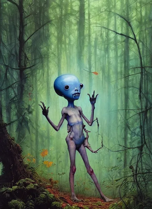 Image similar to cute alien in the woods by a river gorgeous lighting, lush forest foliage blue sky a hyper realistic painting by chiara bautista and beksinski and norman rockwell and greg rutkowski, tom bagshaw weta studio, and lucasfilm