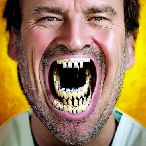 Image similar to dentist portrait of a dentist with large, giant teeth, rotten teeth, yellow, broken, cavities, moldy by Mark Brooks and WLOP