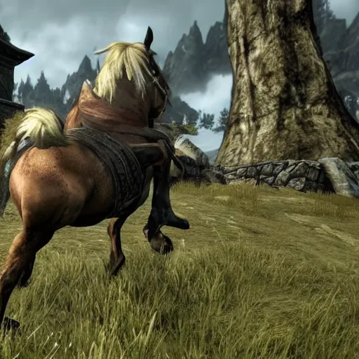 Image similar to screenshot of a player performing the horse tilt glitch in skyrim