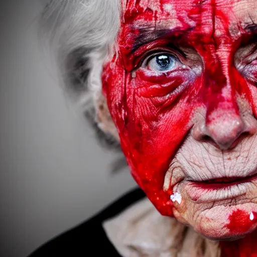 Prompt: elderly woman with black eyes covered in red paint, photorealistic, award winning, 8k,