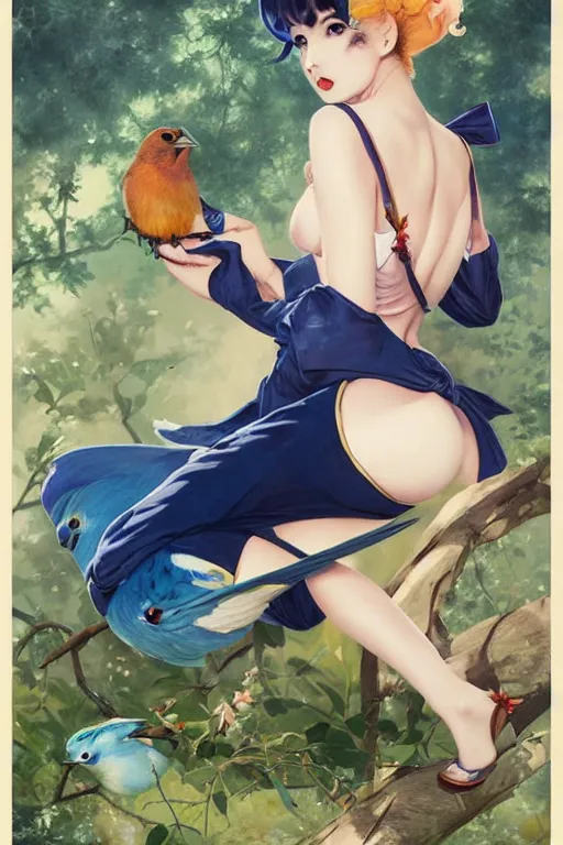 Image similar to anime pinup girl holding an indigo bunting, bird, the bird is wearing a bowtie, by greg rutkowski, rossdraws, gil elvgren, enoch bolles, anime, porcelain skin, very coherent