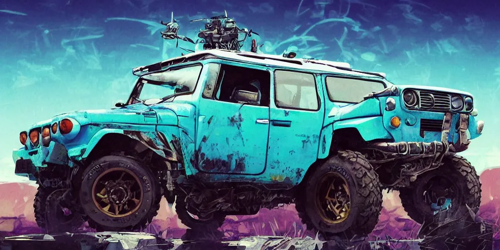 Image similar to digital illustration of a futuristic faded cyan mad max's fj 4 0 decrepit!!!! pursuit special, rusty!!! cyberpunk nissan fj cruiser heavily modded 1 9 9 0 s, the last v 8 interceptor by makoto shinkai, ilya kuvshinov, lois van baarle, rossdraws, basquiat