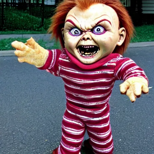 Image similar to chucky doll screaming!!!! at ice cream on the ground