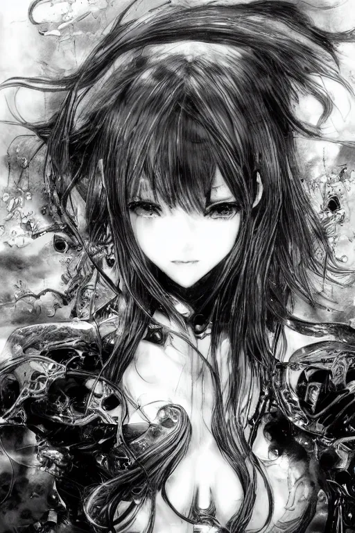 Image similar to a vertical portrait of a character in a scenic environment by Yoshitaka Amano, black and white, dreamy, cybernetic suit, wavy long black hair, highly detailed