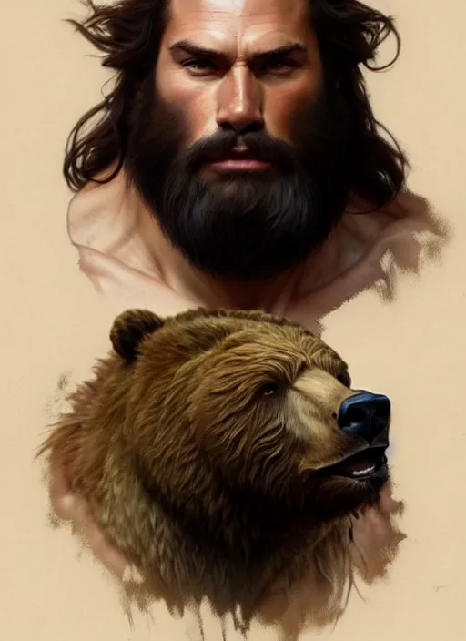 Image similar to Portrait of a hairy man with a bear's head, muscular, intricate, elegant, highly detailed, digital painting, artstation, concept art, smooth, sharp focus, illustration, art by artgerm and greg rutkowski and alphonse mucha