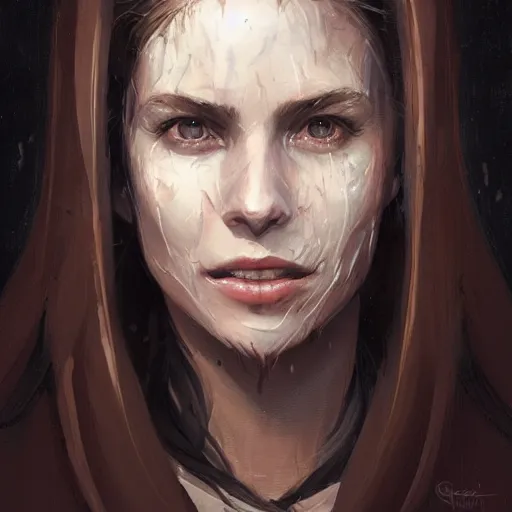 Image similar to portrait of an woman by Greg Rutkowski, she is about 20 years old, pretty, long brown wavy hair, scar near her mouth that makes her look like she's smiling all the time, wearing jedi robes, Star Wars Expanded Universe, highly detailed portrait, digital painting, artstation, concept art, smooth, sharp foccus ilustration, Artstation HQ