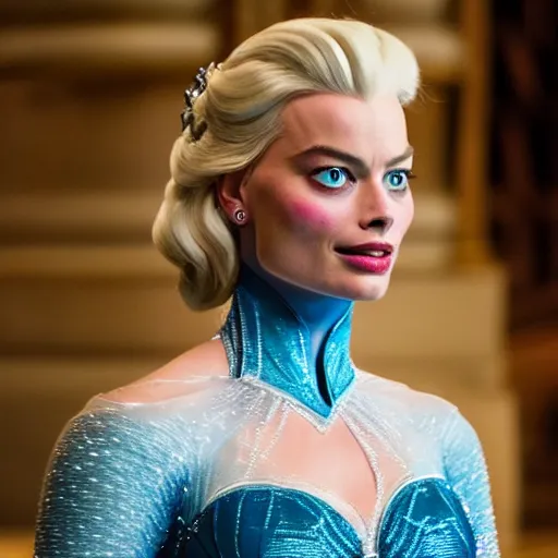 Image similar to Margot Robbie as Elsa in disney frozen live action, 8k full HD photo, cinematic lighting, anatomically correct, oscar award winning, action filled, correct eye placement,