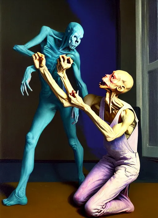 Image similar to an expressive skinny artist wearing overalls physically fighting with a ghost, inside a grand studio, depth of field, hauntingly surreal, highly detailed oil painting, by francis bacon, edward hopper, adrian ghenie, glenn brown, soft light 4 k, purple and blue colour palette, cinematic composition, cinematic lighting, high quality octane render, masterpiece