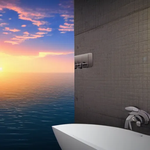 Prompt: a dirty public bathroom stall floating in the middle of the ocean, sunset, ultra realistic digital art, 4k, cgsociety, HDR, Intricate