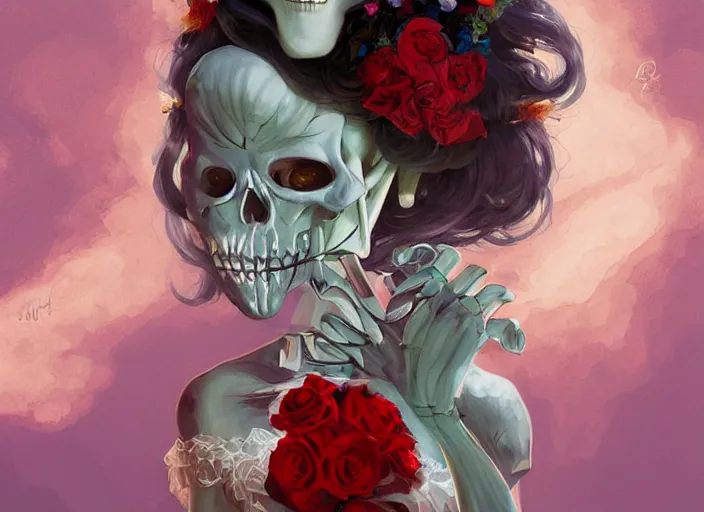 Image similar to cute & beautiful smiling mexican undead skeleton girl with red lips dressed as a bride looking at the viewer, elegant, digital art, fantasy, pixar style, painting, pin up, highly detailed, artstation, art by artgerm, vrubel, boris vallejo and ilya kuvshinov
