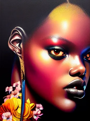 Image similar to a portrait of duckie thot with a floral background by karol bak, artgerm, moebius, yoji shinkawa : : portrait, illustration, photorealism, hyperrealism