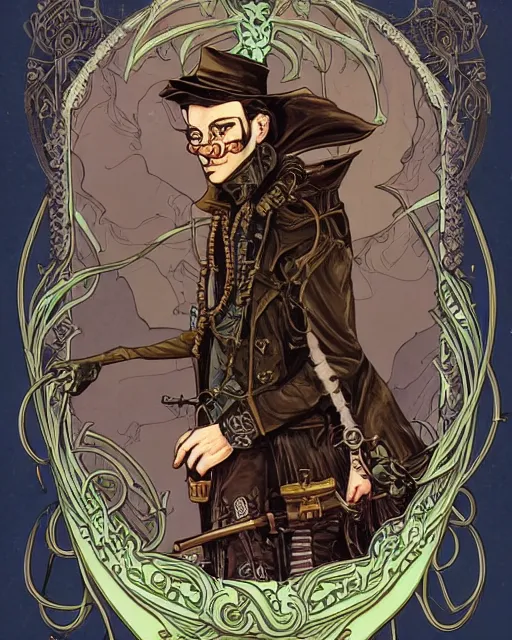 Image similar to a detailed portrait illustration of a steampunk wizard - rogue. beautiful feminine male face. art nouveau, pop art, comic book style. influenced by neil gaiman, h. p. lovecraft, dan mumford, farel dalrymple, vadim voitekhovitch, killian eng, ross tran.