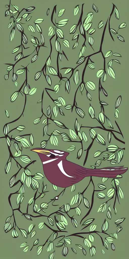 Image similar to shirt design, vector style, a warbler tweeting in a forest of prunes, fresh modern look, made with photoshop,