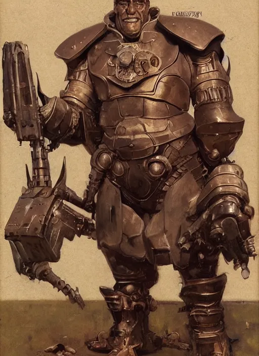 Image similar to 5 0 s pulp scifi fantasy illustration full body portrait martyn ford as huge armoured giant by norman rockwell, roberto ferri, daniel gerhartz, edd cartier, jack kirby, howard v brown, ruan jia, tom lovell, frank r paul, jacob collins, dean cornwell, astounding stories, amazing, fantasy, other worlds