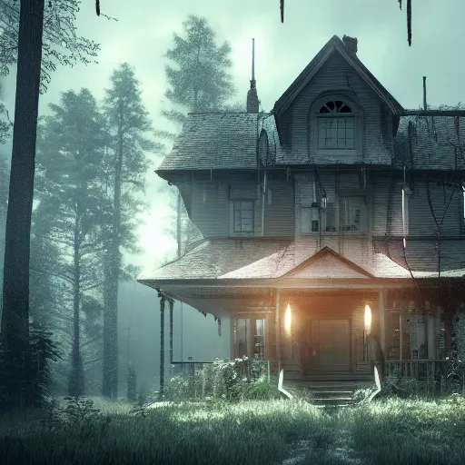 Prompt: horror, house, forest, rain, dark, octane render, artstation, unreal engine 5 highly detailed, epic composition,