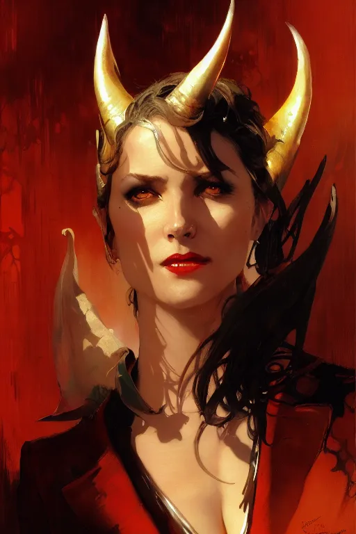 Image similar to well dressed woman in a suit with a sly smile and demon horns portrait dnd, painting by gaston bussiere, craig mullins, greg rutkowski, yoji shinkawa