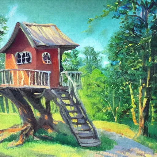 Prompt: treehouse in the countryside on a sunny day, peaceful, brush strokes, oil painting