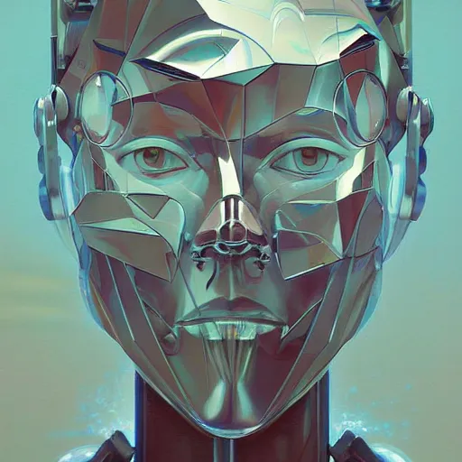 Image similar to scifi futurism automaton minimalism chrome by peter mohrbacher art Hajime Sorayama airbrush hyperrealism model abstract shatter fragments cubism futurism pastel blue soft flat minimal mark zuckerberg