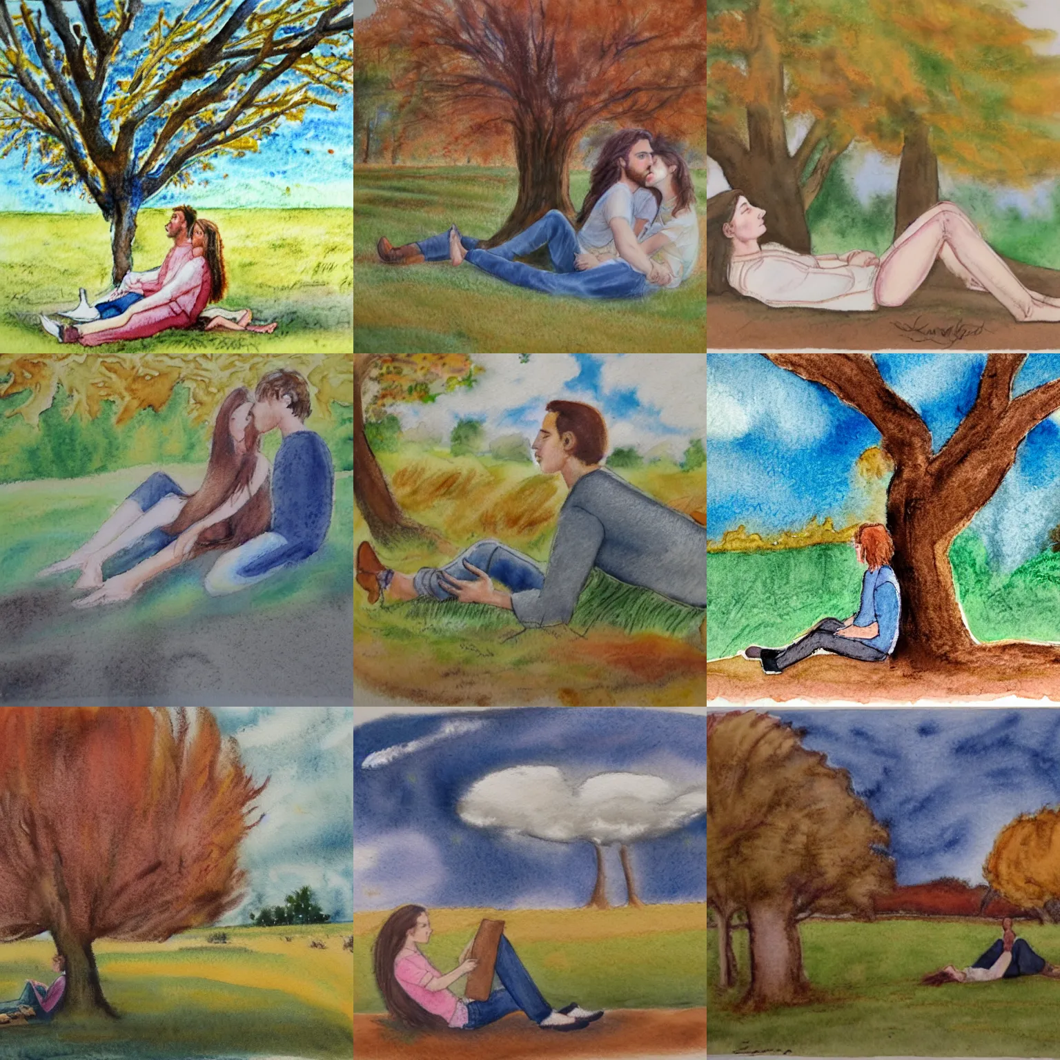 Prompt: pastel long shot watercolour of young man and woman with long brown hair, laying under a tree looking at clouds autumn, ( ( ( wearing jeans ) ) )