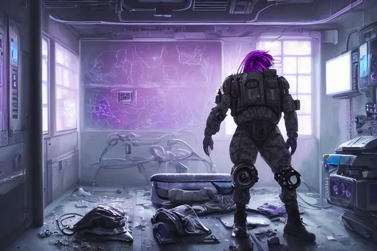 Prompt: Ultra realistic illustration, a hefty damaged cyberpunk male soldier cyborg with purple hair being patched up in a run down underground military medical bay with medical equipment hanging from ceiling, holographic display panels in background, rugged face, muscle body with battle scars, cyberpunk, soft purple neon lighting, sci-fi, fantasy, intricate, elegant, highly detailed, digital painting, artstation, concept art, smooth, sharp focus, illustration, dramatic lighting, art by Giger