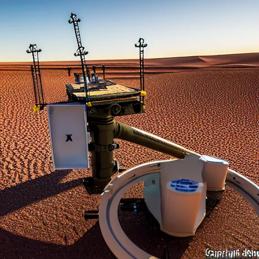 Image similar to mobile camoflaged rugged weather station sensor antenna on tank treads, for monitoring the australian desert, XF IQ4, 150MP, 50mm, F1.4, ISO 200, 1/160s, dawn