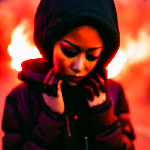 Prompt: Cinestill 50d candid photography of a city on fire, extreme wide shot a techwear mixed woman wearing thick mascara and dark glitter makeup crying outside of a city on fire, tattoos, extreme long shot, full shot, blurry, 4k, 8k, hd, full color