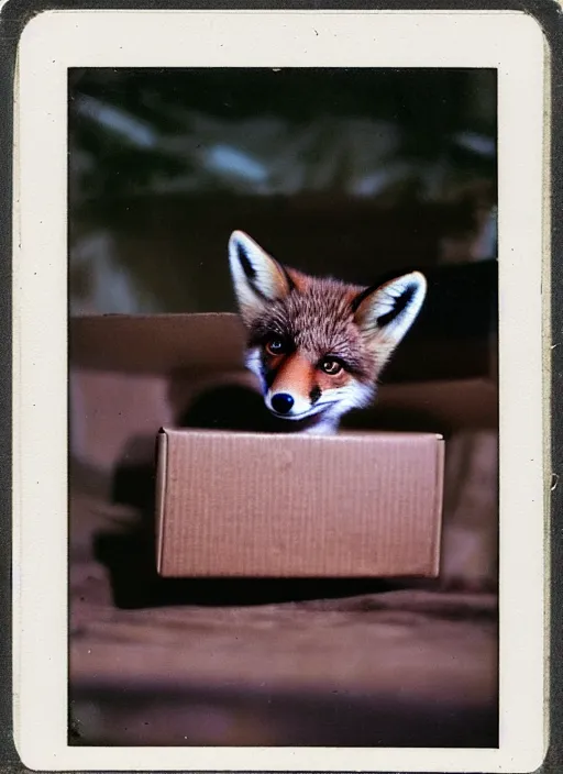 Image similar to faded polaroid photo of curious baby fox inside a cardboard box on a truck trailer