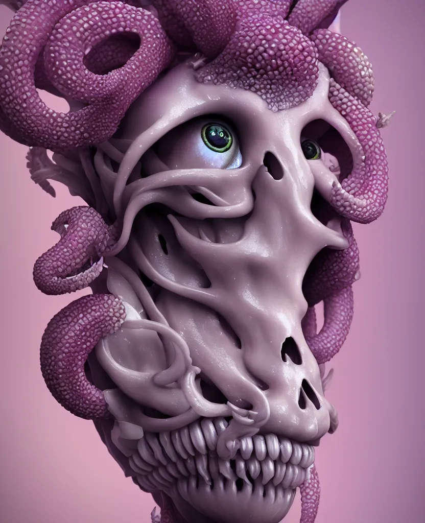 Image similar to goddess princess beautiful face close-up portrait ram skull plasticine sculpture. jellyfish phoenix head, nautilus, orchid, skull, betta fish, bioluminiscent creatures, intricate artwork by Tooth Wu and wlop and beeple. octane render, trending on artstation, greg rutkowski very coherent symmetrical artwork. cinematic, hyper realism, high detail, octane render, 8k