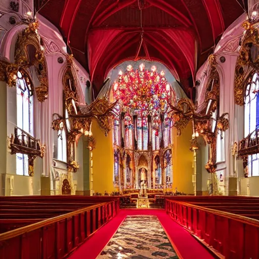 Image similar to a church with a red carpet and chandeliers, a colorized photo by pacita abad, shutterstock contest winner, baroque, sanctuary, ornate, colorized