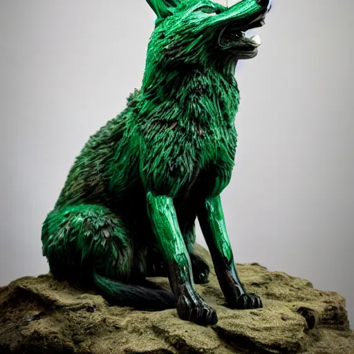 Prompt: Portrait photography of a terrifying Emerald fox sculpture