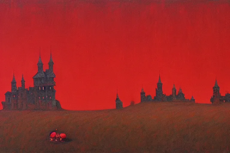 Image similar to only with red, red flowers of different types, red castle in background, red medieval big fat goblins, in the style of beksinski, parts by edward hopper, parts by rodcenko, parts by yue minjun, intricate and epic composition, red by caravaggio, insanely quality, highly detailed, masterpiece, red light, artstation, 4 k