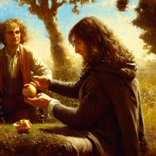 Image similar to a close - up photo of isaac newton offering a half eaten apple to steve jobs under the tree of knowledge, artwork by gaston bussiere, craig mullins, trending on artstation