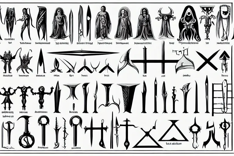 Prompt: illustration of design sheet of various necromancy tools, occult