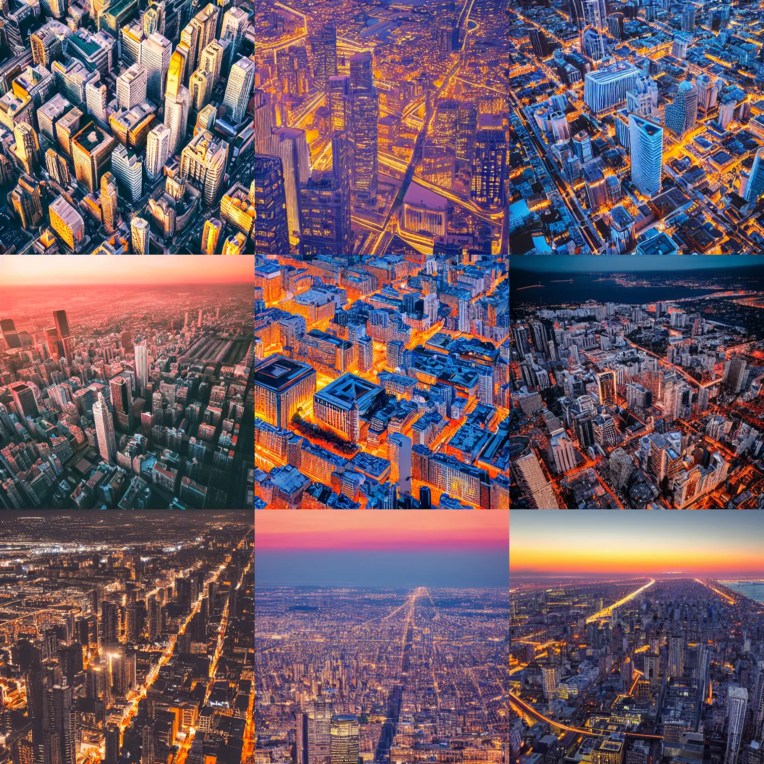 Prompt: detailed photo of an Art Deco city seen from above at sunset