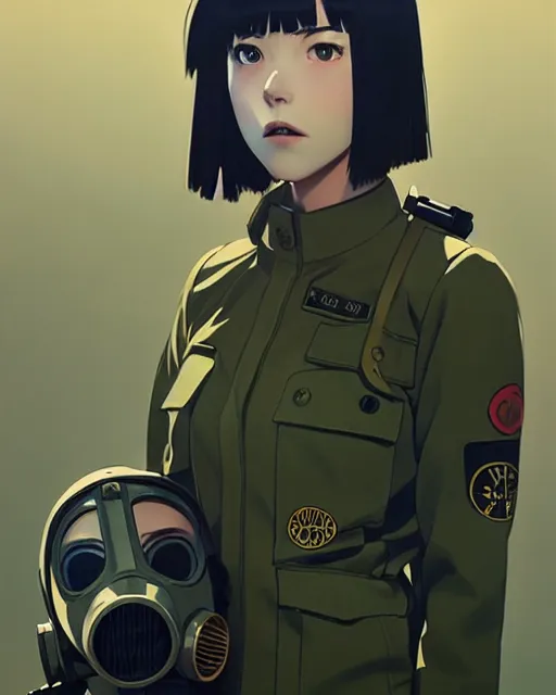 Image similar to girl wearing gas mask and uniform | | audrey plaza, fine detail!! anime!! realistic shaded lighting!! poster by ilya kuvshinov katsuhiro otomo ghost - in - the - shell, magali villeneuve, artgerm, jeremy lipkin and michael garmash and rob rey