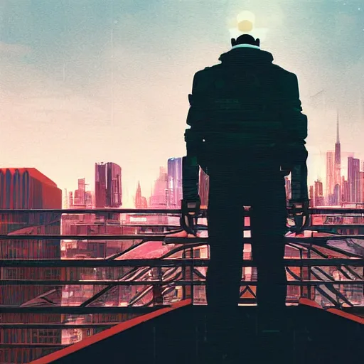 Image similar to a man standing on top of a bridge over a city, cyberpunk art by vincent lefevre, behance contest winner, altermodern, cityscape, synthwave, matte painting