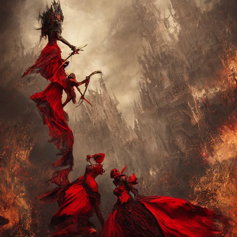 Prompt: black man and a female devil in red dress dancing, Dark Souls 3 themed, in style of Ruan Jia, insanely detailed and intricate, golden ratio, elegant, ornate, luxury, elite, matte painting, cinematic, cgsociety, James jean, Brian froud, ross tran, Laputa