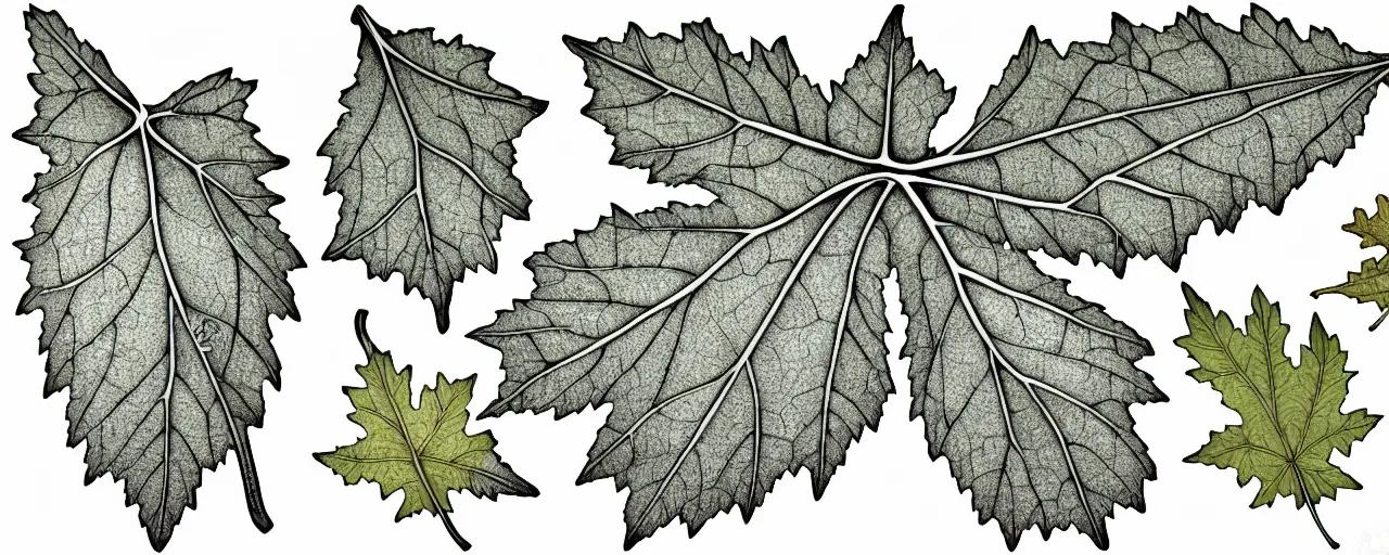 Image similar to leaf schematic, hybrid between oak leaf and wine leaf, ultra detailed, 4 k, intricate, encyclopedia illustration, fine color inking lines