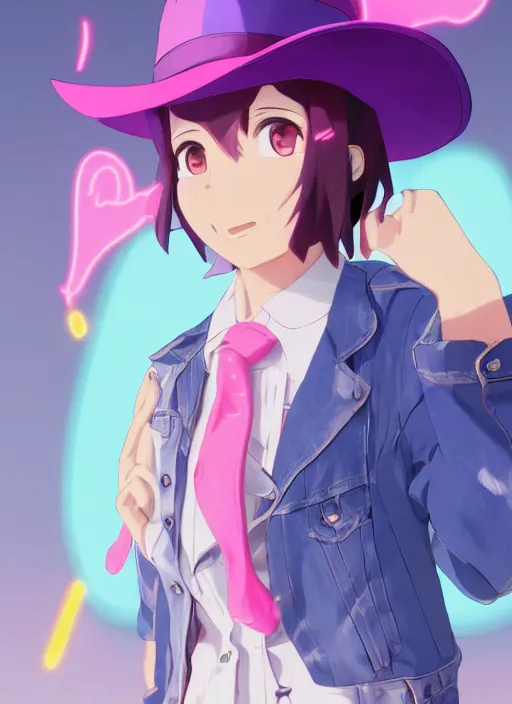 Image similar to a young woman, with a wavy short pink hair and pink fedora hat, wearing a light pink jacket with a dark blue tie, purple gloves and blue jeans shorts and white shoes. She is holding blue neon strings tied on her hand, rich vivid colors, ambient lighting, dynamic lighting, 4k, official media, anime key visual, makoto shinkai, ilya kuvshinov, lois van baarle, rossdraws, detailed, trending on artstation