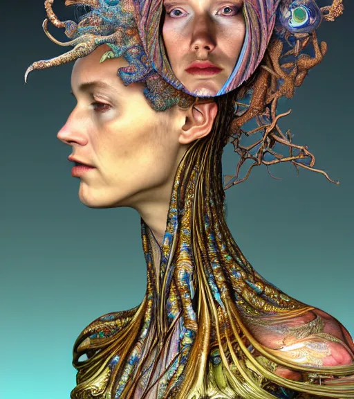 Prompt: 3 d model of detailed realistic beautiful young groovypunk queen of andromeda galaxy in full regal attire. face portrait. art nouveau, symbolist, visionary, baroque, giant fractal details. horizontal symmetry by zdzisław beksinski, iris van herpen, raymond swanland and alphonse mucha. highly detailed, hyper - real, beautiful