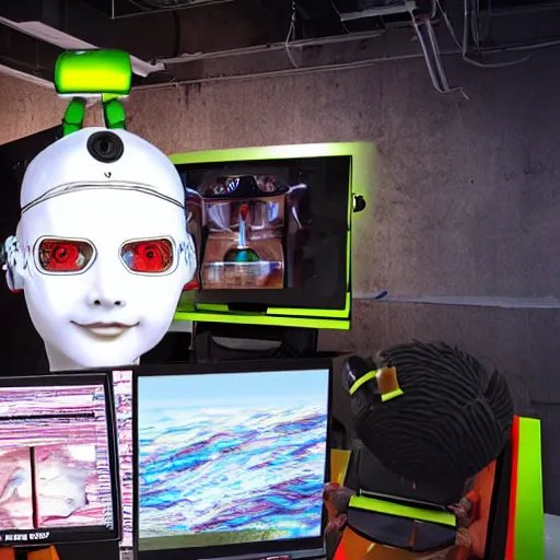 Prompt: a team of robots creating digital art for a lazy human